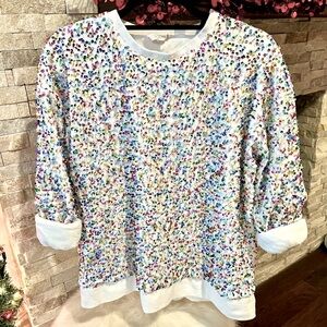 White sweatshirt with all-over multi-colored sequins